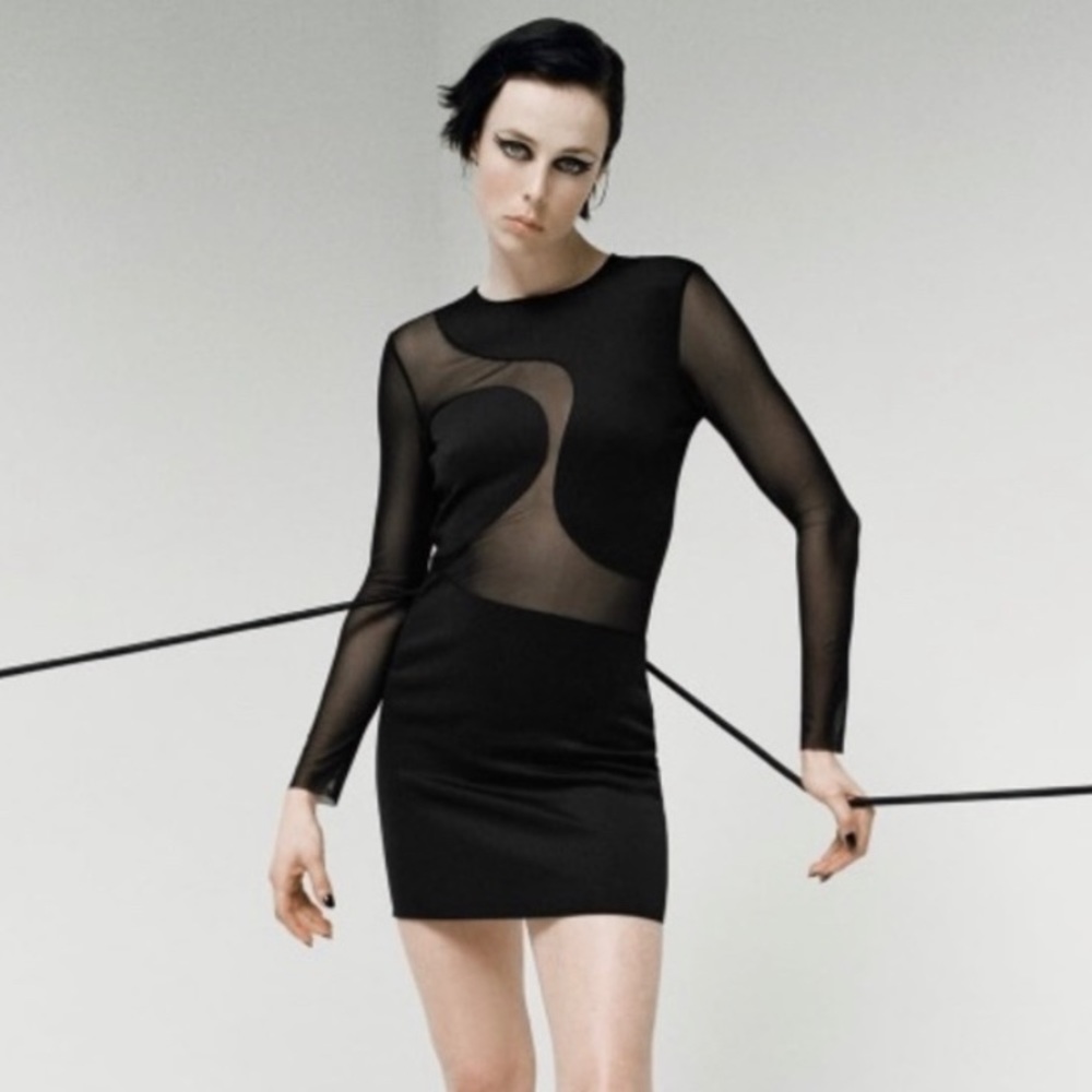 Zara Mesh Semi-Sheer Black Long Sleeve Cut Out Stretchy Mini Dress Size Medium